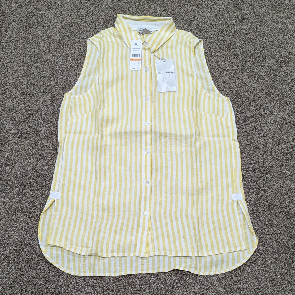 Tommy Bahama Women's Size Small Cabana Stripe Yellow Island Sun Sleeveless Shirt